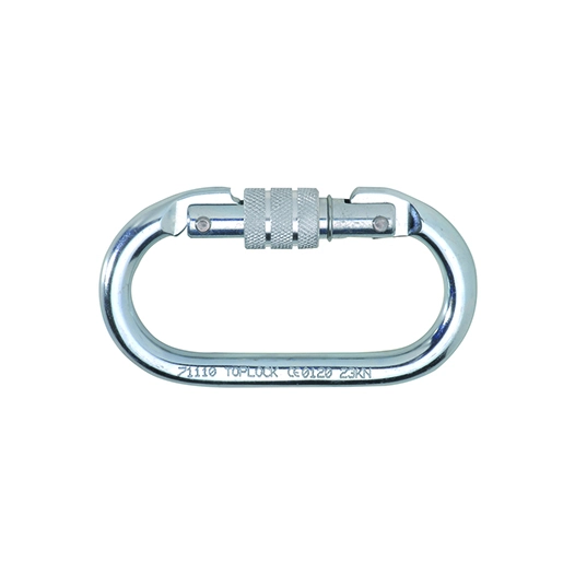 mousqueton à vis en acier. capacité 23 kn. ouverture 16mm. poids 176g. norme: ce en362