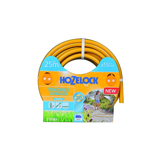 tuyau d'arrosage ø15mm x l 25m tricoflex ultraflex hozelock tricoté 5 couches, flexible et anti-torsion, jaune avec sur-épaisseu