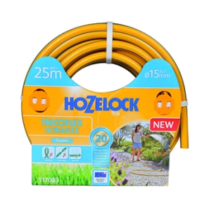 tuyau d'arrosage ø15mm x l 25m tricoflex ultraflex hozelock tricoté 5 couches, flexible et anti-torsion, jaune avec sur-épaisseu