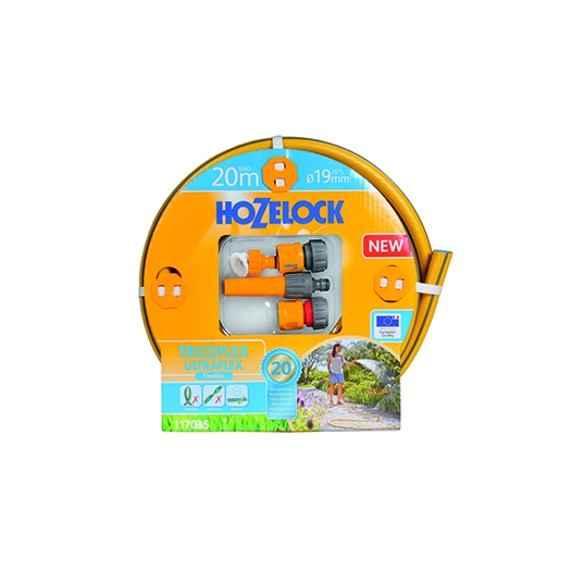 tuyau d'arrosage ø19mm x l 20m tricoflex ultraflex hozelock tricoté 5 couches, flexible et anti-torsion, jaune avec sur-épaisseu