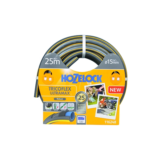 tuyau d'arrosage ø15mm x l 25m tricoflex ultramax hozelock tricoté 5 couches, robuste et anti-torsion, gris avec sur-épaisseurs