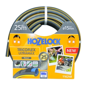 tuyau d'arrosage ø15mm x l 25m tricoflex ultramax hozelock tricoté 5 couches, robuste et anti-torsion, gris avec sur-épaisseurs