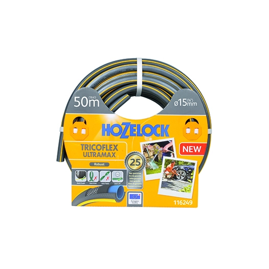 tuyau d'arrosage ø15mm x l 50m tricoflex ultramax hozelock tricoté 5 couches, robuste et anti-torsion, gris avec sur-épaisseurs