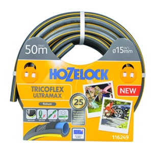 tuyau d'arrosage ø15mm x l 50m tricoflex ultramax hozelock tricoté 5 couches, robuste et anti-torsion, gris avec sur-épaisseurs