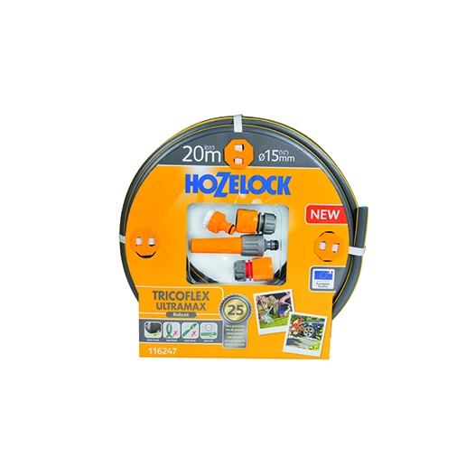 tuyau d'arrosage ø15mm x l 20m tricoflex ultramax hozelock tricoté 5 couches, robuste et anti-torsion, gris avec sur-épaisseurs