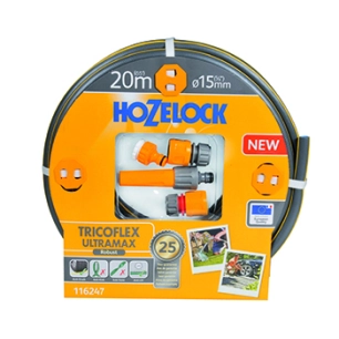 tuyau d'arrosage ø15mm x l 20m tricoflex ultramax hozelock tricoté 5 couches, robuste et anti-torsion, gris avec sur-épaisseurs