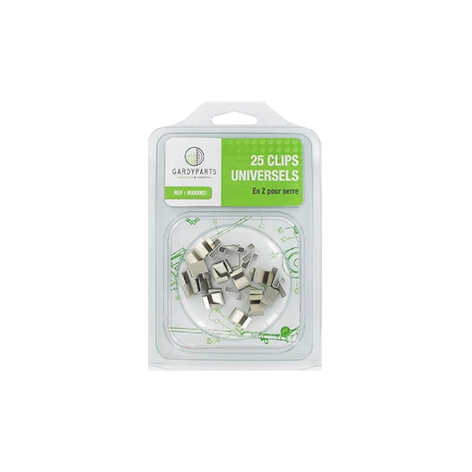 jeu de 25 clips universels en z pour le soutient des vitres ou plaques de polycarbonate d'une serre. convient pour des épaisseur