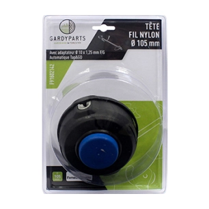 blister tête complète double fil adaptable pour machines husqvarna modèles t-25. diamètre 105mm. adaptateur filetage m10 x 1,25m