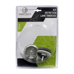 kit d'entretien lame tondeuse composé de 1 cône d'équilibrage et 1 meule d'affutage avec guide nylon s'adaptant sur toutes les p