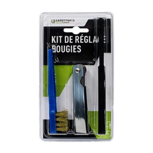 kit d'entretien pour bougie d'allumage et rupteur composé d'un jeu de cales, une lime plate et une brosse. (sous coque).