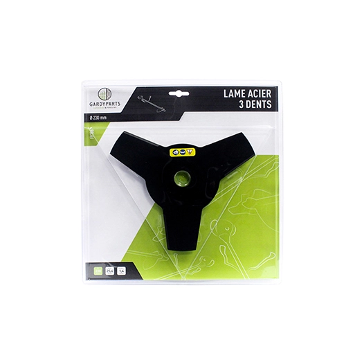 lame acier 3 dents pleine pour débroussailleuse, dimensions coupe: 230mm, alésage: 25,4mm, ep: 1,4mm. (sous coque).