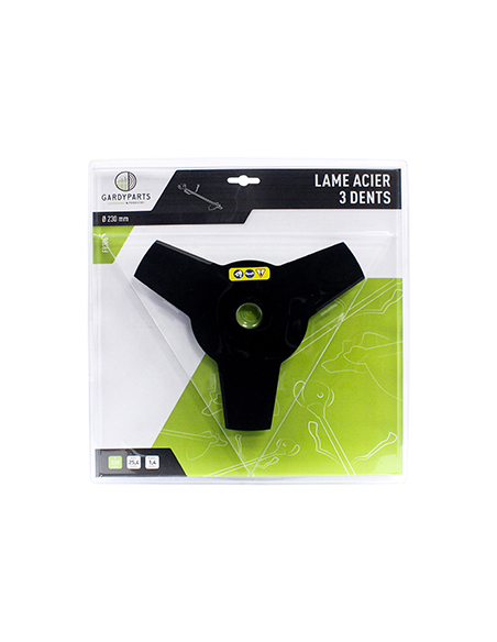 lame acier 3 dents pleine pour débroussailleuse, dimensions coupe: 230mm, alésage: 25,4mm, ep: 1,4mm. (sous coque).
