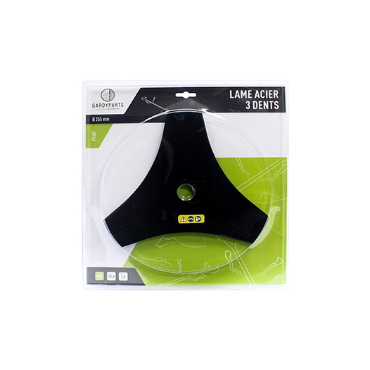 lame acier 3 dents évidées pour débroussailleuse, dimensions coupe: 255mm, alésage: 25,4mm, ep: 1,6mm. (sous coque).