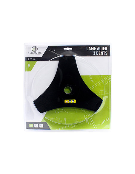 lame acier 3 dents évidées pour débroussailleuse, dimensions coupe: 255mm, alésage: 25,4mm, ep: 1,6mm. (sous coque).