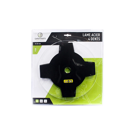 lame acier 4 dents pleines pour débroussailleuse, dimensions coupe: 230mm, alésage: 25,4mm, ep: 1,5mm. (sous coque).