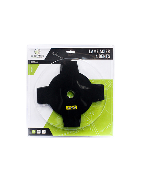 lame acier 4 dents pleines pour débroussailleuse, dimensions coupe: 230mm, alésage: 25,4mm, ep: 1,5mm. (sous coque).