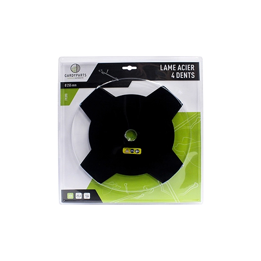 lame acier 4 dents pleines pour débroussailleuse, dimensions coupe: 255mm, alésage: 25,4mm, ep: 1,6mm. (sous coque).