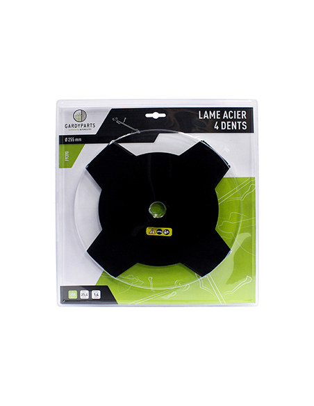 lame acier 4 dents pleines pour débroussailleuse, dimensions coupe: 255mm, alésage: 25,4mm, ep: 1,6mm. (sous coque).
