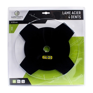 lame acier 4 dents pleines pour débroussailleuse, dimensions coupe: 255mm, alésage: 25,4mm, ep: 1,6mm. (sous coque).