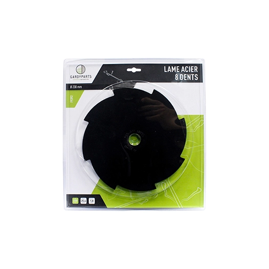 lame acier 8 dents pleines pour débroussailleuse, dimensions coupe: 230mm, alésage: 25,4mm, ep: 1,8mm. (sous coque).