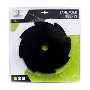 lame acier 8 dents pleines pour débroussailleuse, dimensions coupe: 230mm, alésage: 25,4mm, ep: 1,8mm. (sous coque).