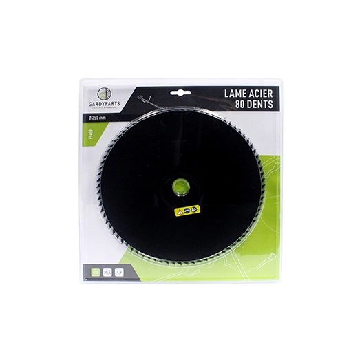 lame acier 80 dents pour débroussailleuse, dimensions coupe: 250mm, alésage: 25,4mm, ep: 1,9mm. (sous coque).