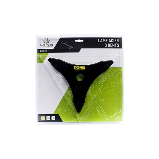 lame acier 3 dents professionnelle pour débroussailleuse, dimensions coupe: 255mm, alésage: 25,4mm, ep: 3,0mm. (sous coque).