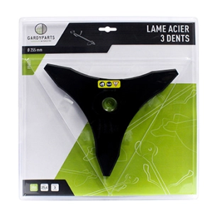 lame acier 3 dents professionnelle pour débroussailleuse, dimensions coupe: 255mm, alésage: 25,4mm, ep: 3,0mm. (sous coque).