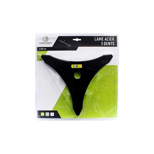 lame acier 3 dents professionnelle pour débroussailleuse, dimensions coupe: 300mm, alésage: 25,4mm, ep: 3,0mm. (sous coque).