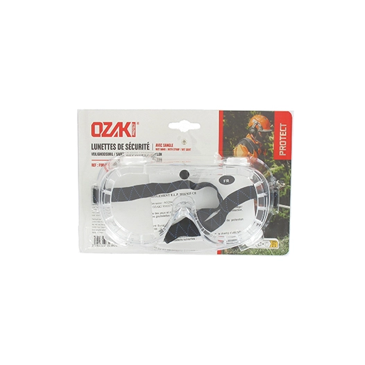 blister lunettes de protection ozaki avec sangle et aérateurs anti-poussière. agréation en166.
