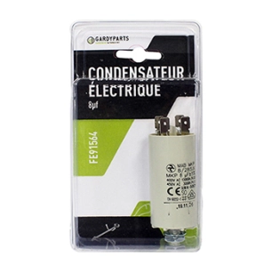 condensateur universel 8uf fixation m8 diamètre 30 mm, hauteur 84 mm. (sous coque).