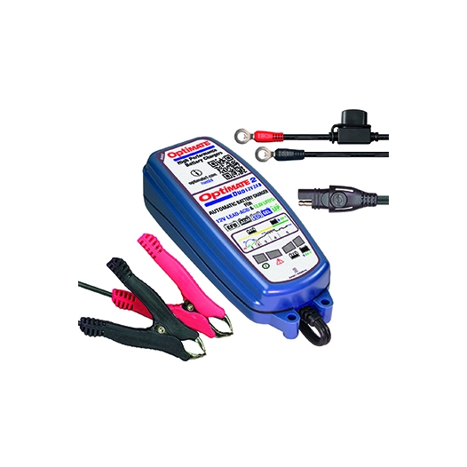 chargeur optimate 2 pour batteries agm, gel & std 12v de 6 à 96ah, batteries lithium (lifepo4) 12,8/13,2v de 2 à 24ah. charge 2