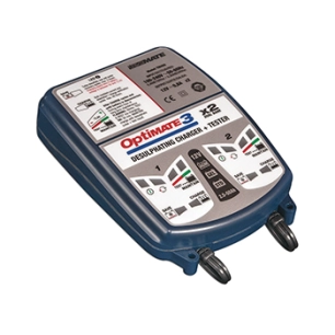 chargeur de batterie optimate 3x2, 3 en 1 boitier : idéal pour tester / charger 2 batteries en même temps, de 2 à 50 ah.