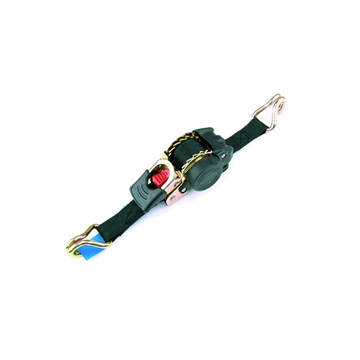 sangle à cliquet pour arrimage. avec réenroulement automatique. 1.8 m x 25 mm. crochet en j. capacité 250 kg.