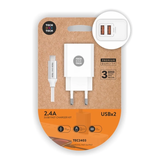 chargeur double blanc + cable micro usb nylon 2.4a