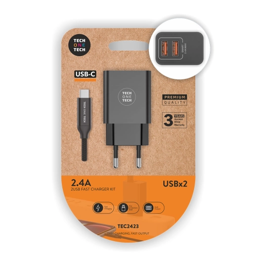 chargeur double noir+câble usb-c en nylon 2,4a