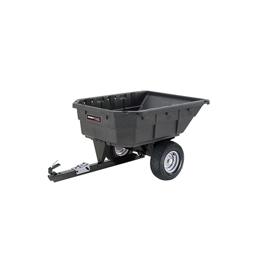 remorque avec benne en polyéthylène heavy duty. • fonction de pivotement à 105° pour un déversement latéral gauche / droit.• r