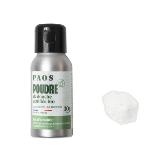 poudre de douche bio - lait d’amande - flacon alu de 30g - paos