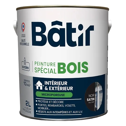 Peinture spécial bois satin BATIR noir ral 9005 2L - BATIR
