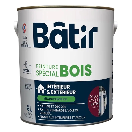 Peinture spécial bois satin BATIR rouge basque ral 3004 2L - BATIR