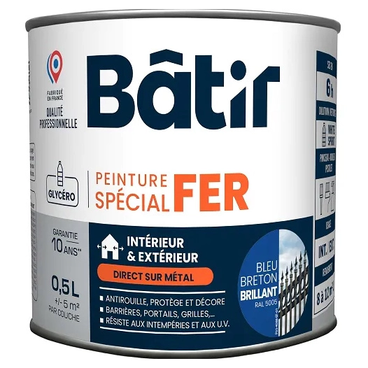 Peinture spécial fer brillant BATIR bleu breton ral 5005 0,5L - BATIR