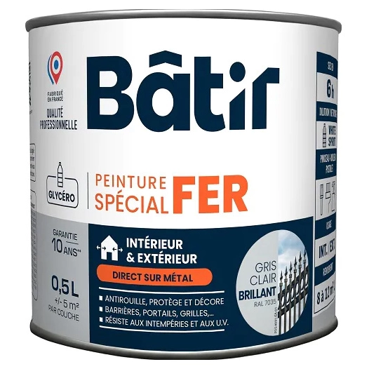Peinture spécial fer brillant BATIR gris clair ral 7035 0,5L - BATIR