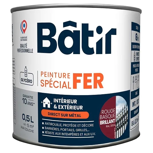 Peinture spécial fer brillant BATIR rouge basque ral 3004 0,5L - BATIR