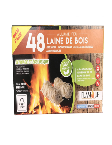 Boîte de 48 allume-feu laine de bois FSC 100% végétal FLAM'UP - FLAM'UP