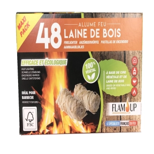 Boîte de 48 allume-feu laine de bois FSC 100% végétal FLAM'UP - FLAM'UP