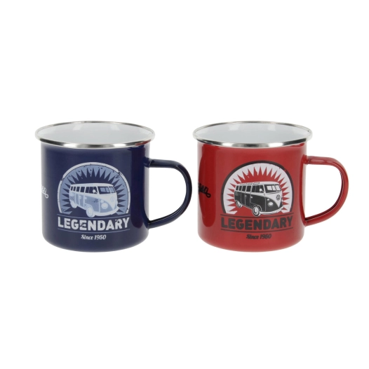lot de 2 mugs émaillés combi legendary rouge et bleu - vw collection