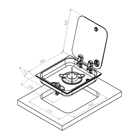 réchaud à gaz encastrable avec couvercle en acier inoxydable 1 feu 322 ×352 - navy load