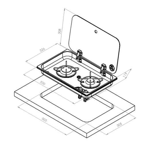 réchaud à gaz encastrable avec couvercle en acier inoxydable 2 feux 530 ×326 - navy load