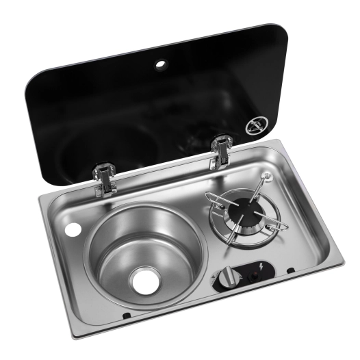 réchaud à gaz 1 feu encastrable avec couvercle en acier inoxydable + évier à gauche 526 ×326 - navy load