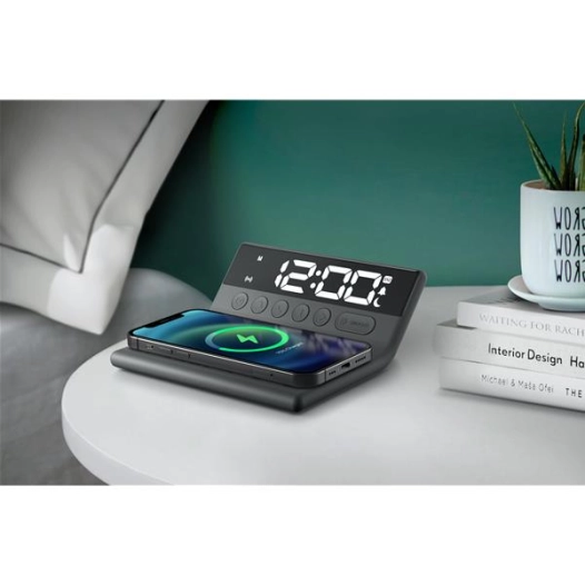 Réveil avec chargement Smartphone par induction - Grand écran LCD - Noir - MUSE